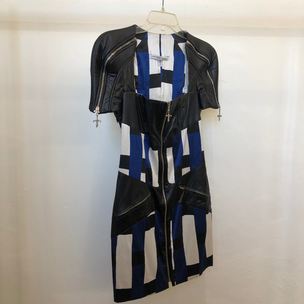 Women's Blue & Black Geometric Midi Dress with faux Leather Trim